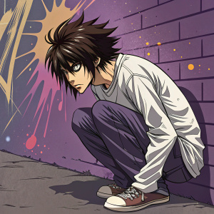 Illustration of L Lawliet from Death Note. Grimacing and intense pose. Vibrant mix of purple, brown and splashes of color. Street art style