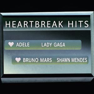 Screenshot of 'Heartbreak Hits' playlist on YouTube. Featuring Adele, Lady Gaga, Bruno Mars, and Shawn Mendes. Minimalist white background