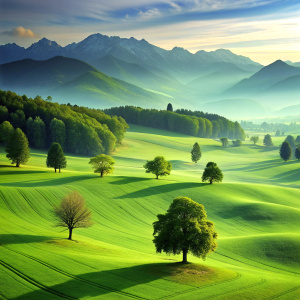 wide green land with mountains and trees