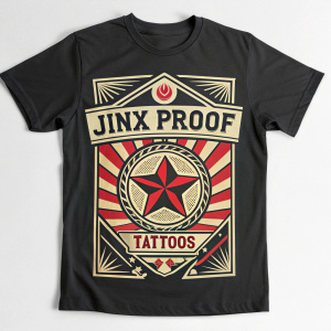 T-shirt design for Jinx Proof Tattoos. Inspired by Shepard Fairey and Russian Constructivist poster styles. The design features a bold central emblem and a banner-like text reading 'Jinx Proof Tattoos'. The background is a vibrant mix of red and beige.