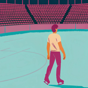Paulo Dybala in a dynamic pose on a deserted ice rink. Wearing casual attire, away from any spectators, opponents or ball.