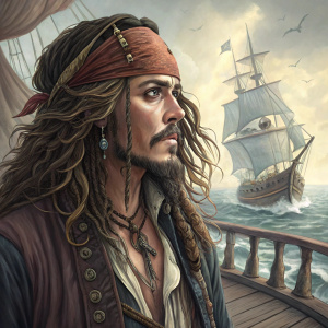 Detailed sketch of Captain Jack Sparrow, with long curly hair and distinctive facial features. Set against a pirate ship background.