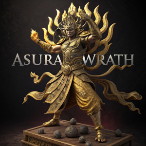 Digital artwork of a golden Asura's Wrath statue. The creature has multiple arms, standing in an aggressive pose. Intricate designs and text 'Aura Wrath' visible. Dark background