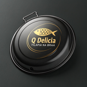 An eye-catching logo for 'Q Delicia Tilápia na Brasa'. A sleek, golden fish emblem with bold, modern font. Dark, glossy background.
