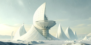 White illustration,  Wes Anderson style, 
 structural aesthetics, collage of many complex metal architectures, the bigest ocean and huge sky, white, gain paper