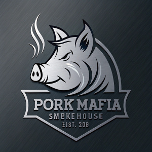 A logo design for Pork Mafia Smokehouse featuring a sleek, modern pig's head silhouette. The color scheme is predominantly metallic gray with subtle charcoal accents.