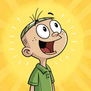 A cartoon character from Ed, Edd n Eddy. Wearing a green shirt, surprised face with big eyes and open mouth, against a bright yellow background.