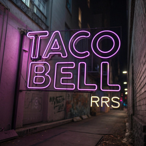 A neon sign displaying the Taco Bell logo in vibrant purple hues. The text reads 'TACO BELL RRSS' in a bold, modern font. The background is a dimly lit alleyway with graffiti.