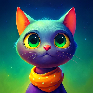 A cartoonish cat with big round eyes, black ears and light brown fur.
He wears a red scarf with white polka dots tied around his neck.
The cat's eyes are very expressive, giving a friendly and curious feeling.
The visible texture suggests that the work is painted on old wood background.
It is a very colorful and cheerful artistic painting