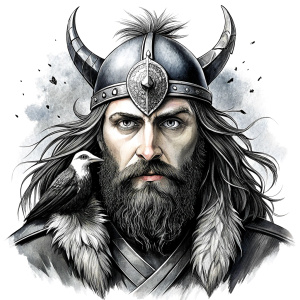 Wikinger mit zwei Gesichtern with yggdrasil – and weapons high-definition design, valhalla, grey and black, realistic tattoo design, white background