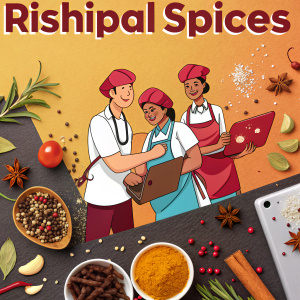 Rishipal Spices ad. Vibrant graphic design, showcasing team unity, quality, and honesty. Prominent website URL.
