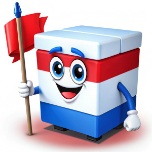 A logo of a cartoon styrofoam ice box (horizontal ortoedro shape) in white and blue colors, with a red lid, carrying a spear in one hand and a flag with a blue left half and a red right half in the other hand like the cavalry, with normal eyes