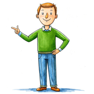 40 years old man, as a drawing for a cartoon, on a white background, whole body he points with his hands