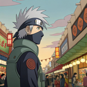 Kakashi Hatake, male ninja with grey hair and one visible Sharingan eye, standing in a bustling marketplace filled with colorful stalls and lively crowd, amidst the vibrant and dynamic scenes typical of a bustling anime setting.