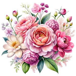 watercolor image . tickle me pink Peonies , fuchsia daffodil ,pale pink roses ,magenta Damarions,thulian pink Common Crape Myrtle , punch pink Ranunculus viburnum ,salmon pink wax flower ,pink dandelion ,creamy sweet William , misty rose pink yarrow, china rose pink Snowdrop ,taffy pink Watsonia ,coral pink tritoma ,lavender blush viburnum ,french rose pink wax flower , doll pink dandelion ,flamingo pink geranium , baby pink geranium, violets , a blue Chineese traditional motiffs decorated Vase 