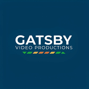Gatsby Video Productions logo, modern sans-serif font, primary color blue, secondary color white, additional accents in shades of green and orange