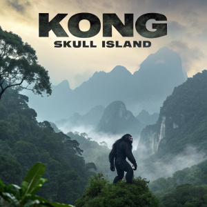 Promotional poster for Kong: Skull Island. Dense jungle and foggy mountains in the background. Giant ape silhouette towering over the scene.
