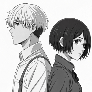 Simplified sketch of Ken Kaneki and Touka from Tokyo Ghoul. Simple black and white drawing, plain backdrop.