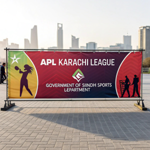 Promotional banner for Karachi League Women's Cricket Tournament. Eye-catching with vibrant colors and bold text. Multiple logos including APL Karachi League and Government of Sindh Sports Department. City skyline background with silhouette figures.