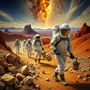 Imagine the planet Mars, there are humans in space suits extracting minerals