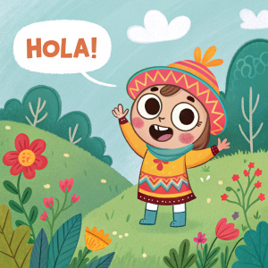 A cheerful, cartoon character with large eyes and a big smile. The character is standing in a bright, vivid landscape. The speech bubble reads a casual Spanish greeting.