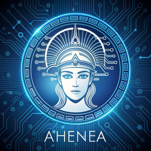 logo circular minimalista con la cara de la diosa griega Atenea con un dispositivo como un casco futurista de tecnología extraterrestre. El fondo del logo debe tener una trama de circuitos electrónicos. El color del fondo debe ser azul y las líneas y fuente blancas. Incluir la palabra ATENEA.