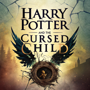 Book cover for Harry Potter and the Cursed Child, featuring a cracked emblem with dark, wing-like shadows cast around the title.