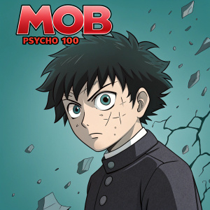 Illustration of Mob from Mob Psycho 100, intense facial expression with crack-like patterns around the eyes. Set against shattered fragments. Solid teal background. Bold crimson text with percentage symbol. Powerfully posed character.