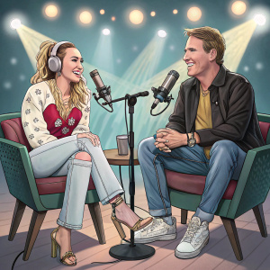 Miley Cyrus and Nicholas Sparks on a podcast set, casual attire, vibrant studio lighting.