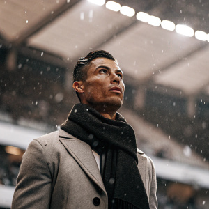 Cristiano Ronaldo, intense focus, wearing dark scarf and jacket. Stadium background blurred, snowflakes visible