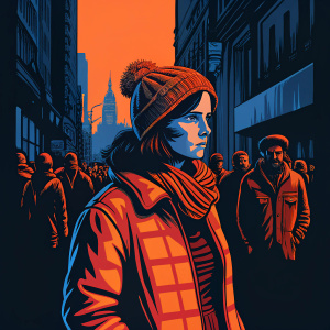 Christina Ricci, walking through a vibrant cityscape. Wearing a cozy plaid jacket and knit beanie. The bustling street is filled with diverse characters and lively scenes.
