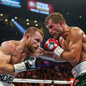 Close-up of Canelo Alvarez and Sergey Kovalev in intense boxing match. MGM Grand Garden Arena, Las Vegas, Nevada.