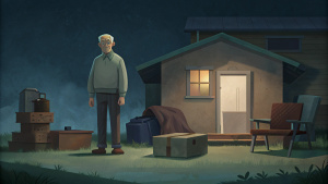 old man standing in front of house, surrounded by furniture and bags
