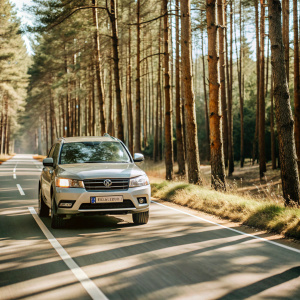 the car is driving along a suburban forest road