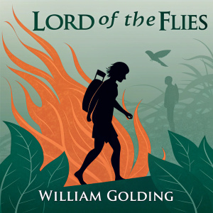 Book cover design for Lord of the Flies by William Golding. The cover features a bold, minimalist abstract image in green with an overlay of fiery orange accents. The title 'Lord of the Flies' is prominently displayed at the top in sleek, modern font.