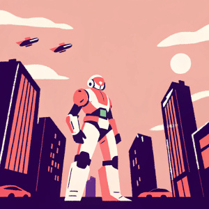 Futuristic digital illustration. Robot character from Overwatch standing in a neon-lit urban cityscape. Vibrant colors of purple and green neon lights. Detailed skyline with modern skyscrapers and flying vehicles. Nighttime setting with glowing moon in the background.