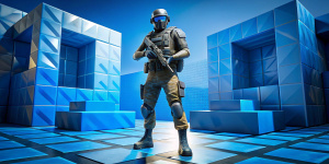 Counter-strike terrorist player is standing in front of camera at blue modern scene, centered, full length