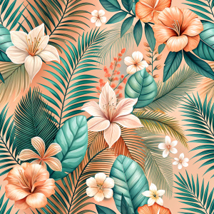 Seamless pattern, Muted coral, mint, and sandy beige colors depicting a tropical pattern with palm leaves, hibiscus flowers, and gentle fronds.
