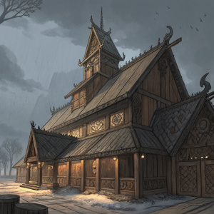 Concept art of a Viking hall from 'Vikings: The Dragon Clan'. The hall is depicted with intricate wooden carvings and a towering roof. Sketch-like style with dim lighting, emphasizing the interior and exterior details.