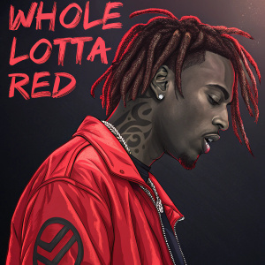 Playboi Carti's 'Whole Lotta Red' album cover. Vibrant digital art featuring a detailed close-up of dreadlocks styled in a Rastafarian fashion. Against a dark background, the album title in graffiti-inspired bold letters with red highlights