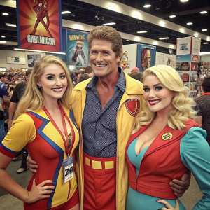 Taylor Ann Hasselhoff, David Hasselhoff, and Hayley Hasselhoff posing at a crowded convention center during San Diego Comic-Con.