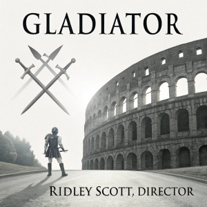 A modern film poster for Gladiator. Clean design with black and white arches and swords. Simple title in bold letters. Ridley Scott, director