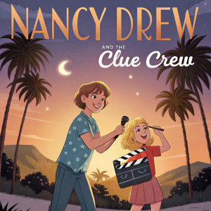 Illustration for 'Nancy Drew and the Clue Crew' book cover. A young boy with a clapperboard and a blonde girl in playful poses. Hollywood sunset and palm trees in background.