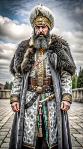 "Create a detailed, full-body portrait of Bilge Kağan, the historical ruler of the Göktürk Khaganate. He should be depicted in traditional Turkic warrior attire, including a fur-lined coat, an ornate metal belt, and a tall, feathered headdress symbolizing his status. His face should be fair-skinned with a slight almond-shaped eye feature, reflecting wisdom and authority, with a stern expression, well-groomed beard, and piercing eyes. The background should feature the rugged steppes of Central Asia, under a wide, clear sky. The image should convey a sense of historical depth and the formidable presence of a revered leader
