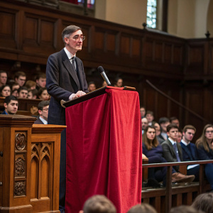 Jacob Rees-Mogg delivering a speech at the Oxford Union Society. He is standing behind a podium with a red cloth. A crowd of students and faculty is seated in the auditorium.