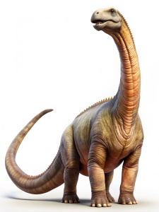 the diplodocus dinosaur looks into the frame, slightly tilting its head, depicted in full height, on a white background