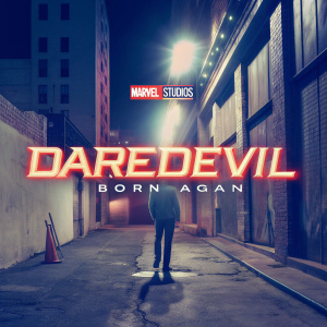 Promotional image for the 'Daredevil: Born Again' series. Dark, gritty atmosphere with shadows and neon lights. Heroic figure of Daredevil against a backdrop of towering, futuristic buildings. Sans-serif font and Marvel Studios logo in bold contrast.