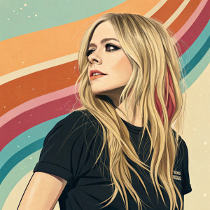 Digital artwork featuring Avril Lavigne. She's youthful, with long blonde hair. Wearing a simple black t-shirt. Set against a retro, colorful backdrop.