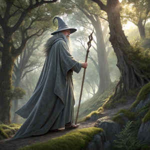 Digital 3D model of Gandalf. Dressed in a flowing, grey wizard's robe and carrying an ornate staff. Standing on the edge of the mystical forest of Lothlorien.