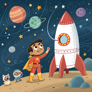 A detailed illustration for 'Little Singham' on POGO. The cartoon character stands heroically in a space-themed setting, near a rocket-like structure. Tiny cartoon characters orbit around, against a vibrant cosmic backdrop.